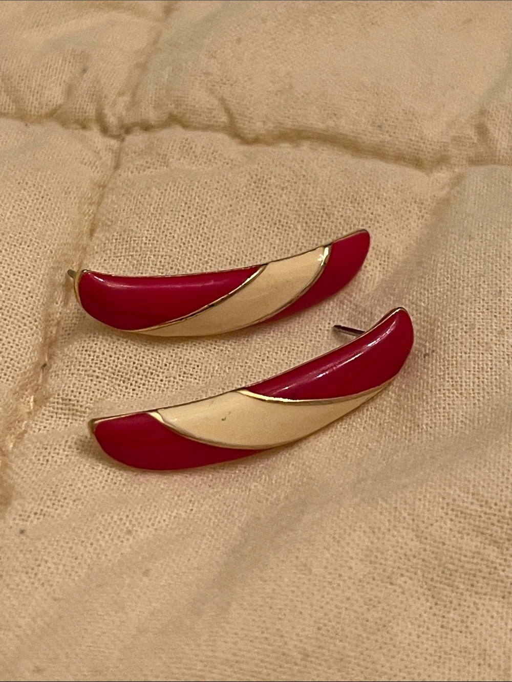 Monet Gold and Red Curved Enamel Stud Earrings